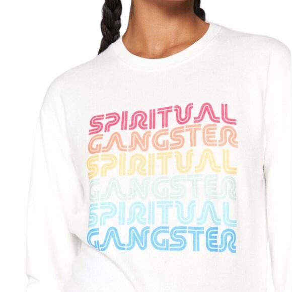 Spiritual Gangster White Crew Neck Rainbow Savasana Pullover Sweater - Picture 2 of 11